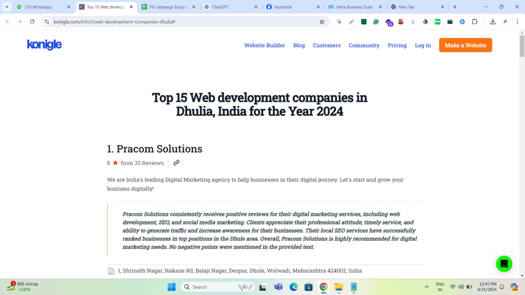 A Konigle - Singapore based company recently published a blog Regarding : Top 15 Web development companies in Dhulia, India for the Year 2024

& I am thrilled to announce Pracom Solutions Ranking on the top in the list.

https://konigle.com/info/i/web-development-companies-dhulia#